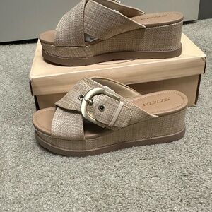 Soda Tan Wedge Sandals with Large Buckle